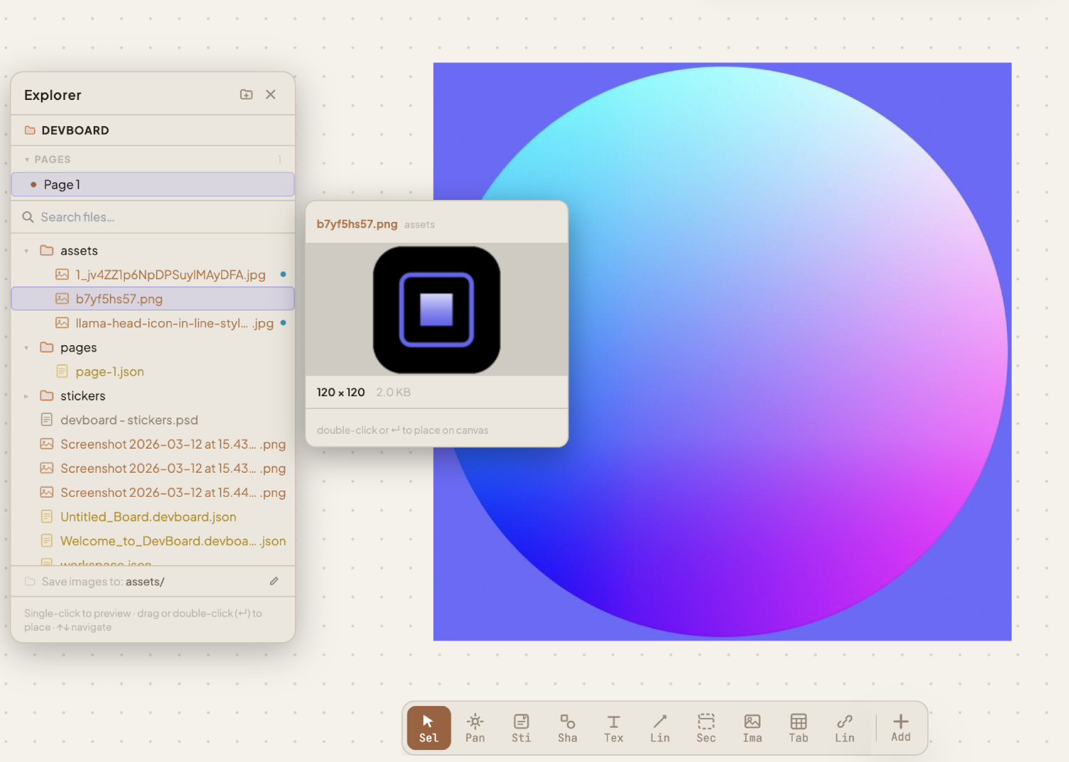 File explorer sidebar and moodboard in DevBoard
